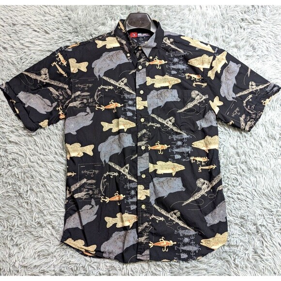 Reel Legends Fishing Lure Fish Button Down Shirt Mens Size Large Hawaiian Cotton - Picture 1 of 9